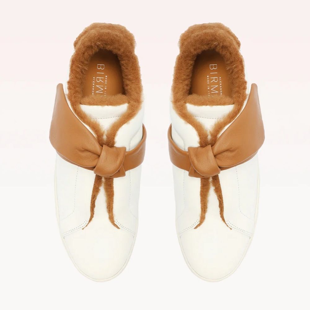 Alexandre Birman White and Tan Shearling-Trim Slip-On Sneakers